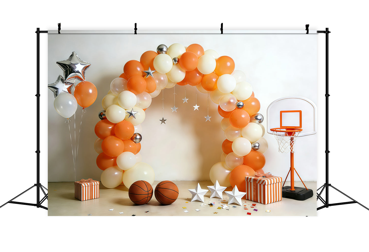 Basketball Backdrop For Photography Cream Orange Balloon Hoop Setup Sports Backdrops GQ61-71