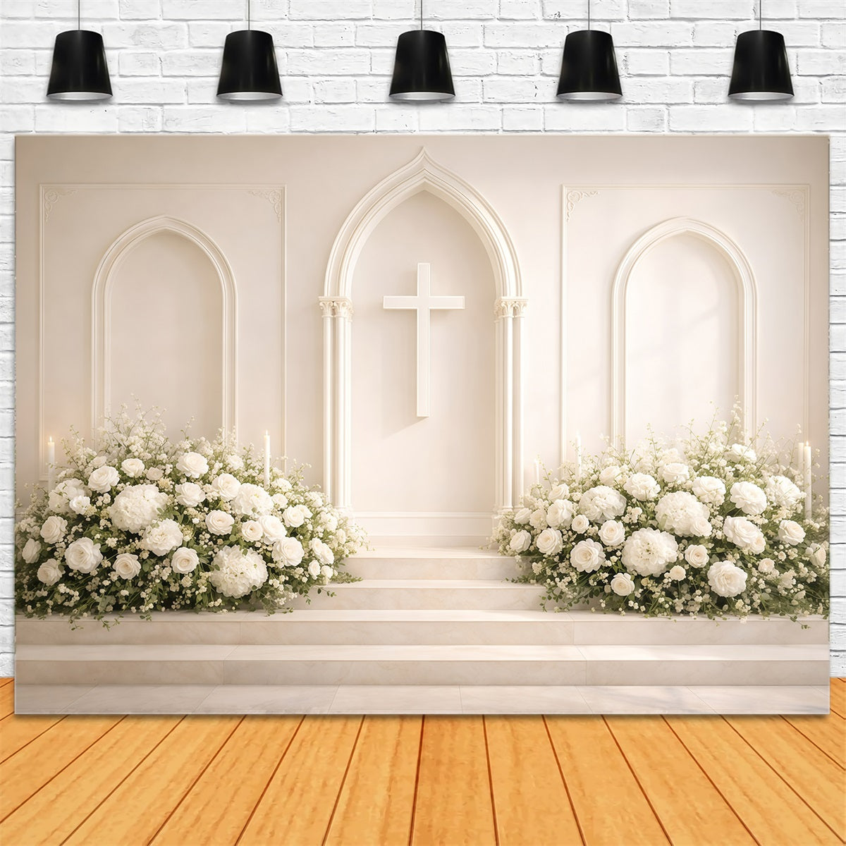 Religious Easter Backdrop White Floral Church Cross Easter Backdrop For Photography GQ61-8