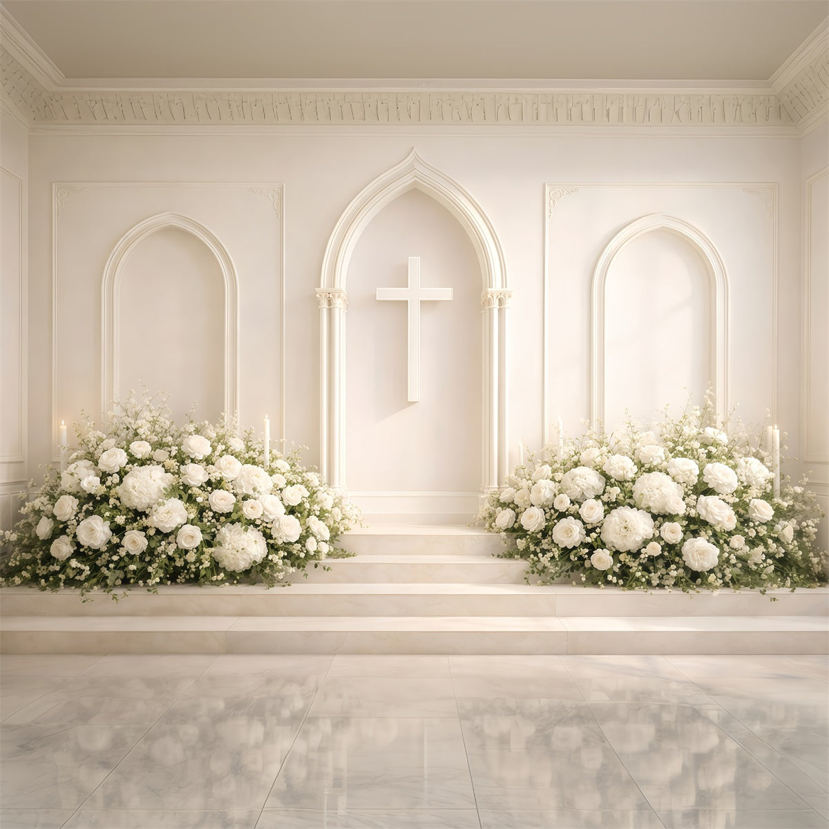 Religious Easter Backdrop White Floral Church Cross Easter Backdrop For Photography GQ61-8