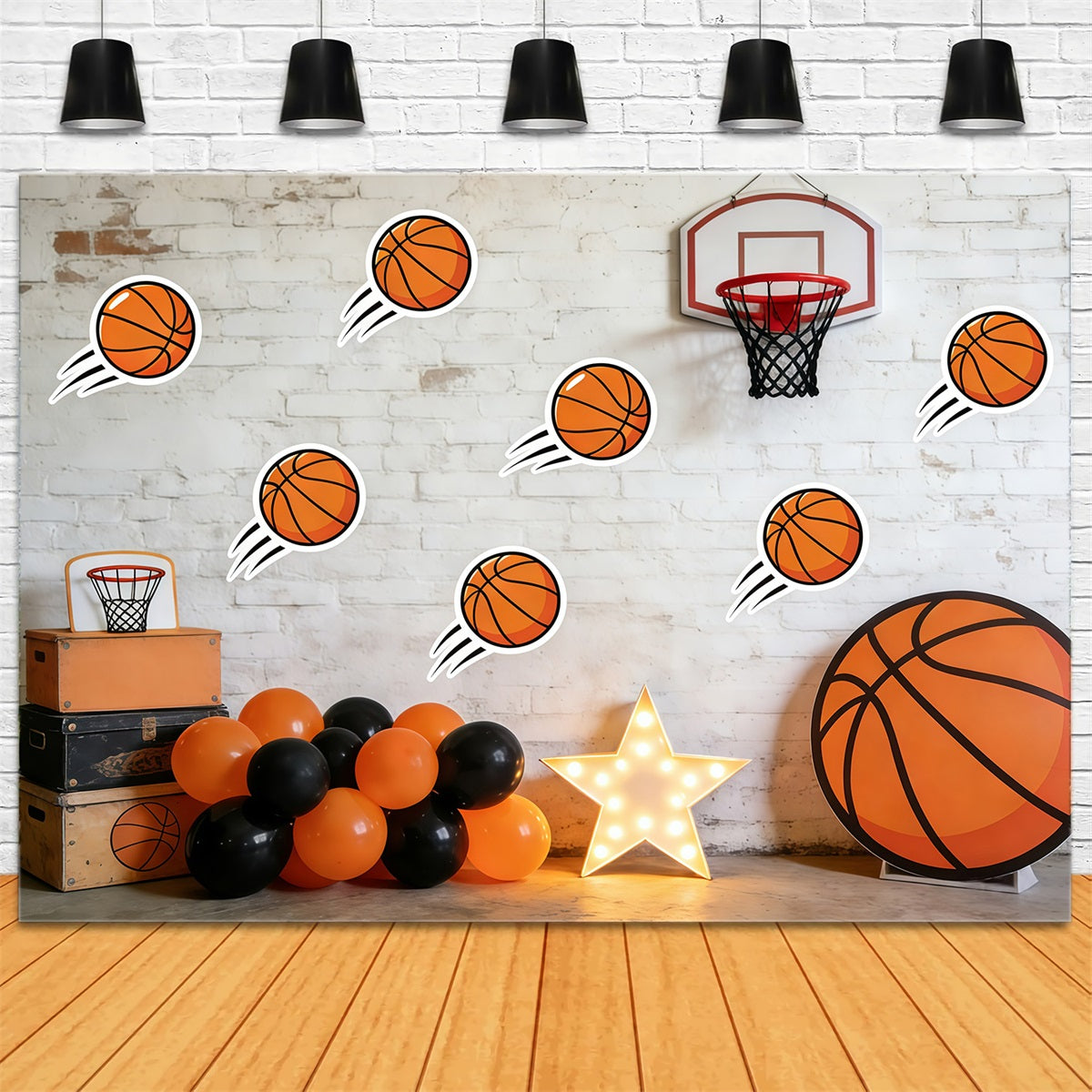 Basketball Backdrop For Photography Cartoon Ball Brick Wall Sports Photo Backdrop GQ61-83