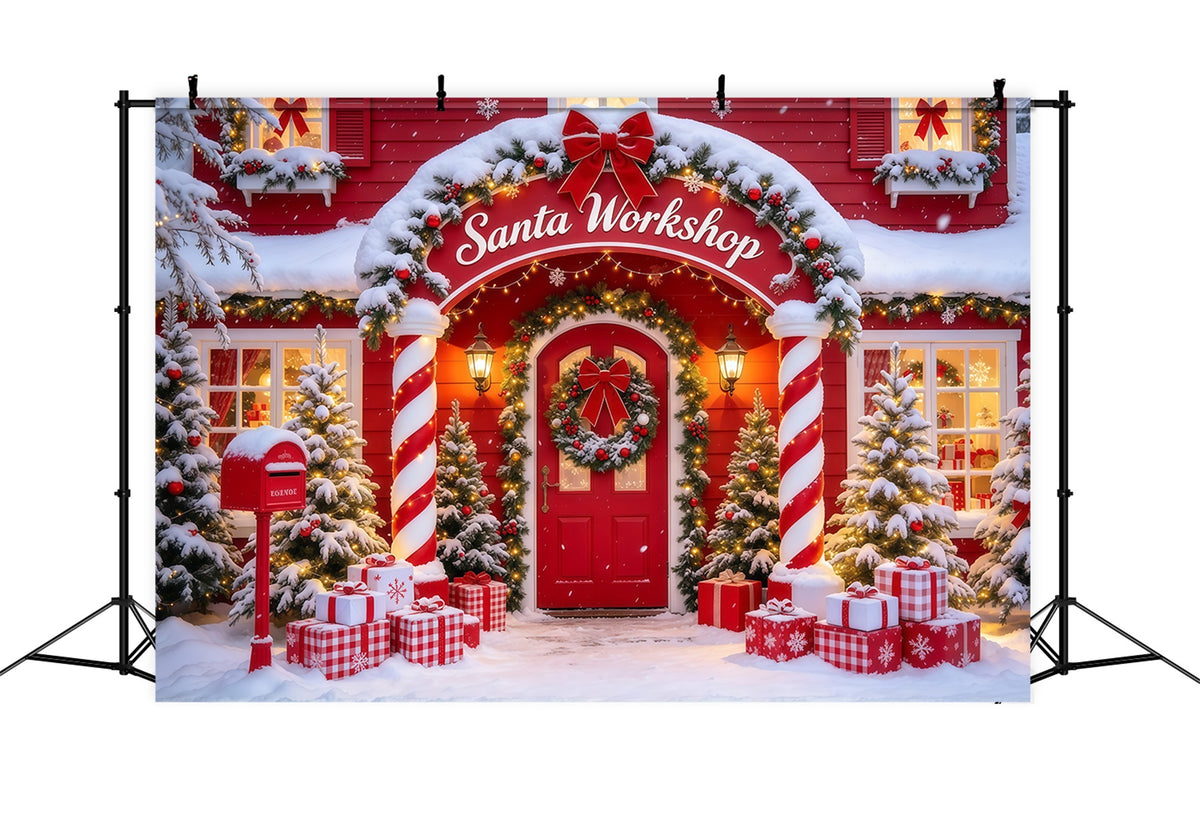 Santa's Workshop Backdrop Candy Cane Column Doorway Christmas Red Backdrop GQ610-10