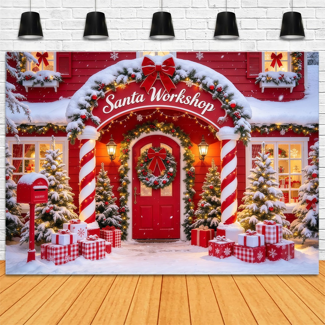 Santa's Workshop Backdrop Candy Cane Column Doorway Christmas Red Backdrop GQ610-10