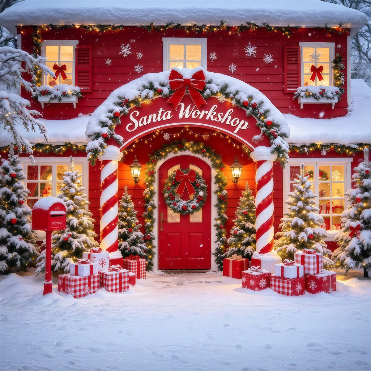 Santa's Workshop Backdrop Candy Cane Column Doorway Christmas Red Backdrop GQ610-10