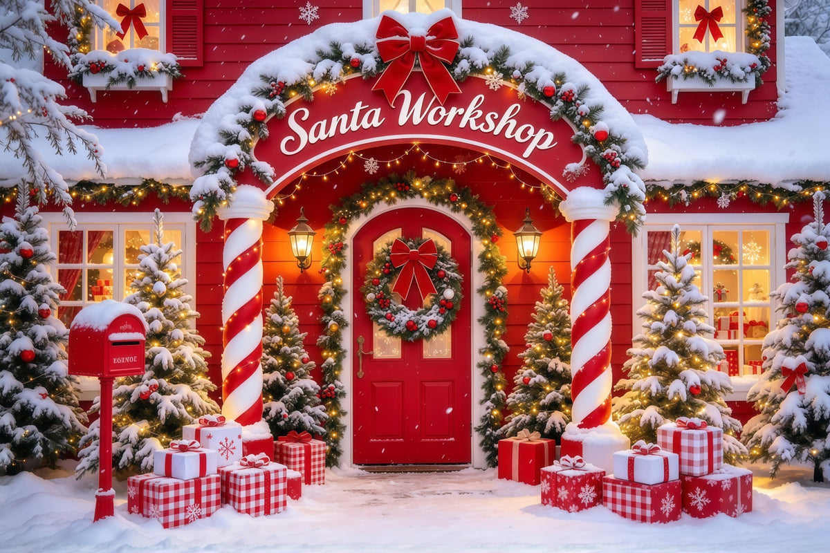 Santa's Workshop Backdrop Candy Cane Column Doorway Christmas Red Backdrop GQ610-10