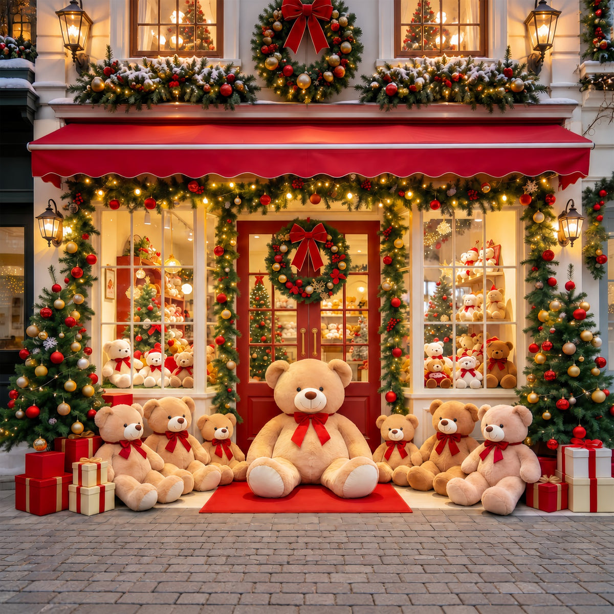 Christmas Store Backdrop Teddy Bear Toy Shopfront Christmas Party Backdrops GQ610-101