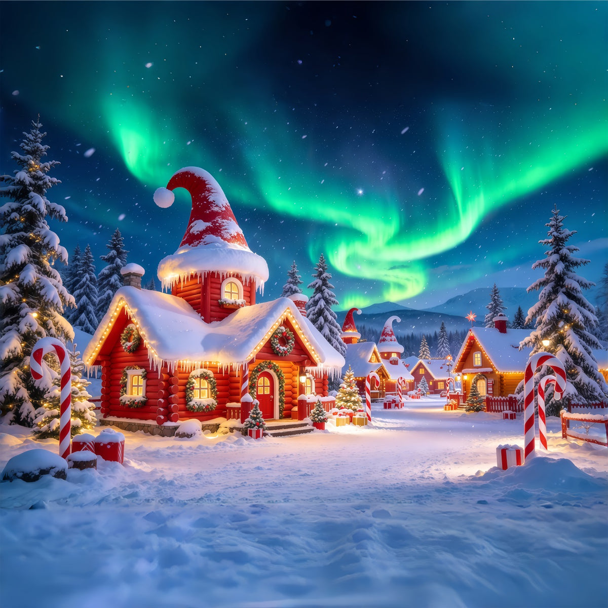 Christmas Elf Backdrop Aurora Borealis Snowy Village Christmas Photos Backdrop GQ610-102