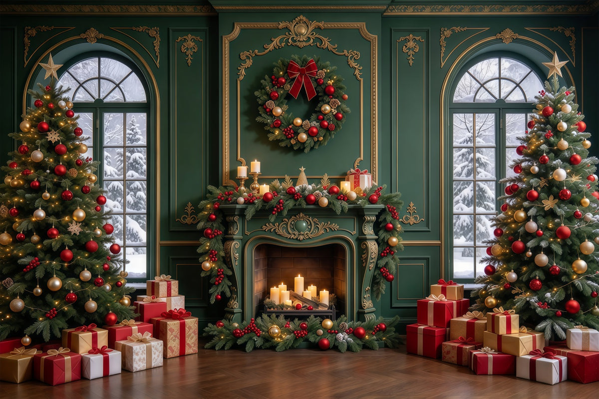 Living Room Christmas Backdrop Emerald Gold Fireplace Display Christmas Card Backdrops GQ610-103