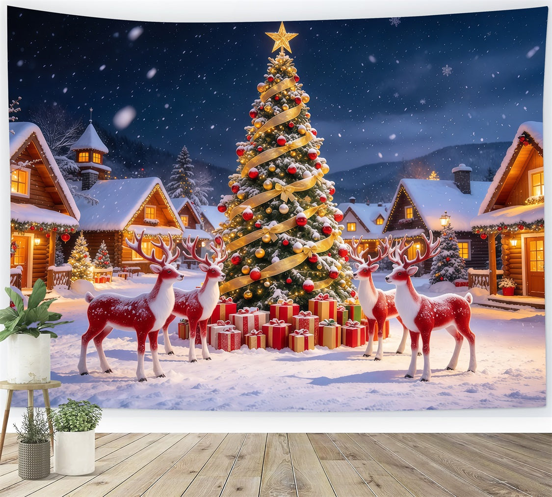Retro Christmas Backdrop Reindeer Snowy Village Reindeer Photo Backdrop GQ610-105