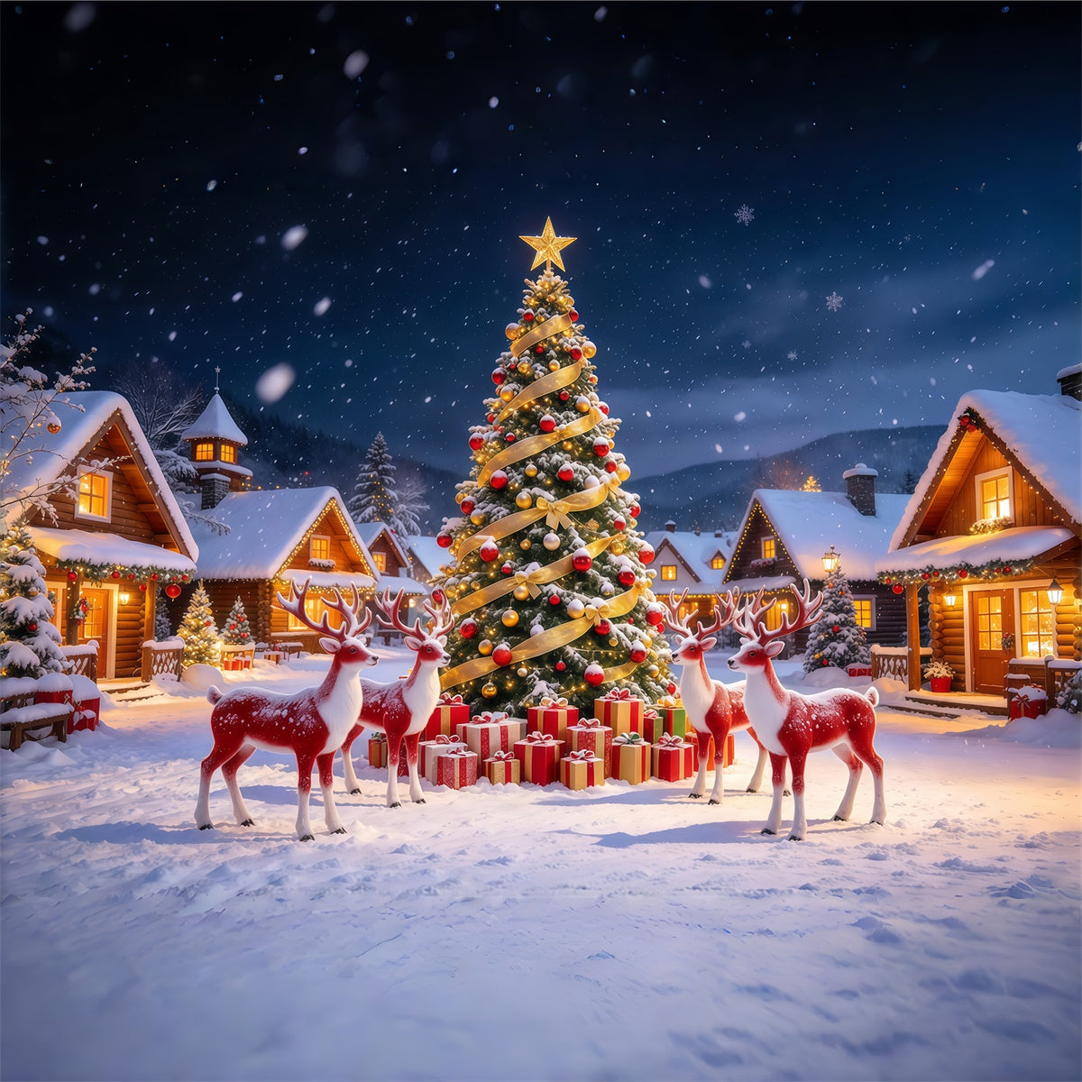 Retro Christmas Backdrop Reindeer Snowy Village Reindeer Photo Backdrop GQ610-105