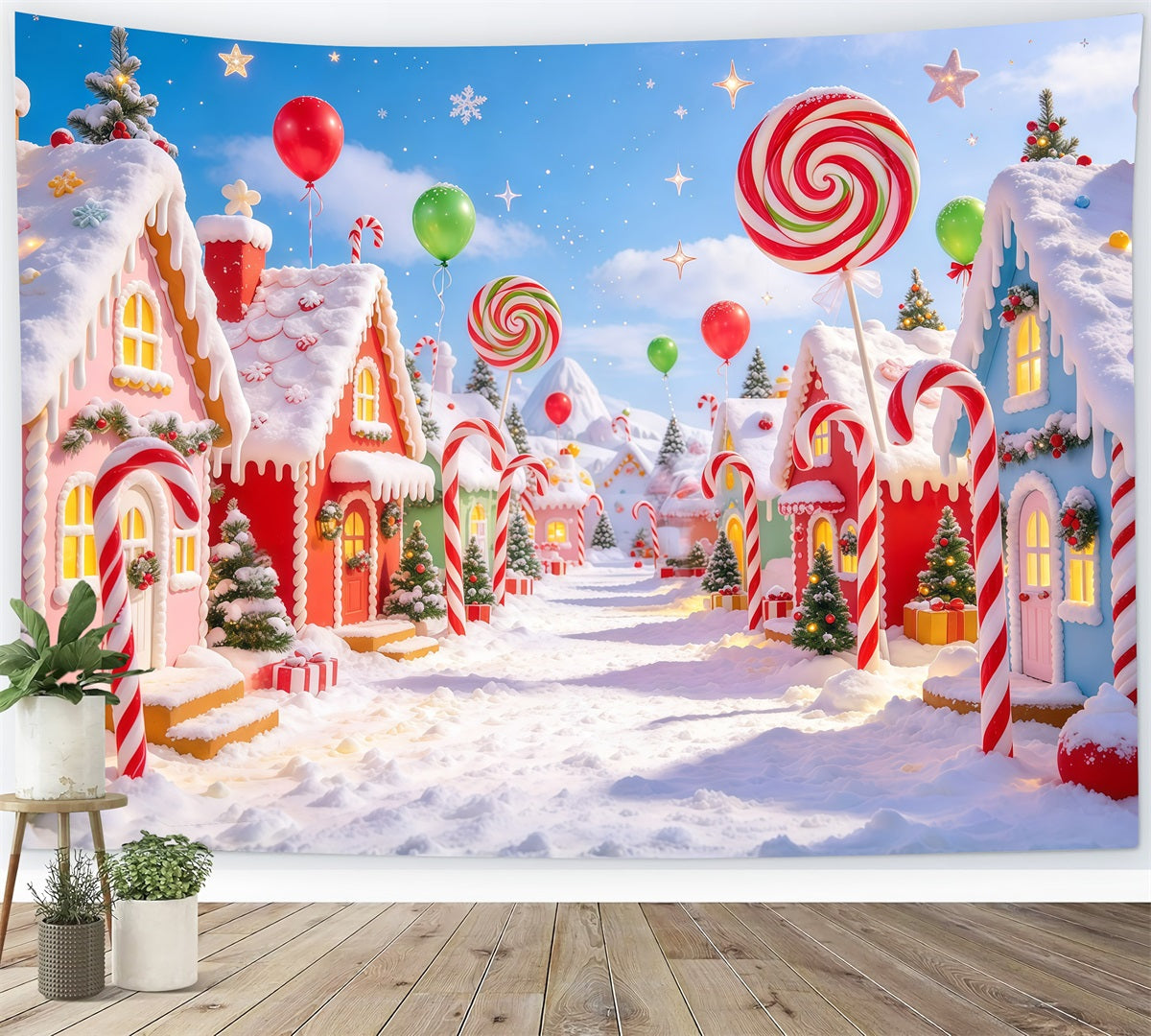 Candyland Christmas Backdrop Giant Lollipop Candy Village Photography Christmas Backdrop GQ610-106