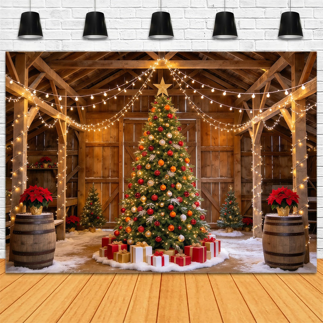 Christmas Lights Photo Backdrop Rustic Barn Tree Display Christmas Backdrop Pictures GQ610-109