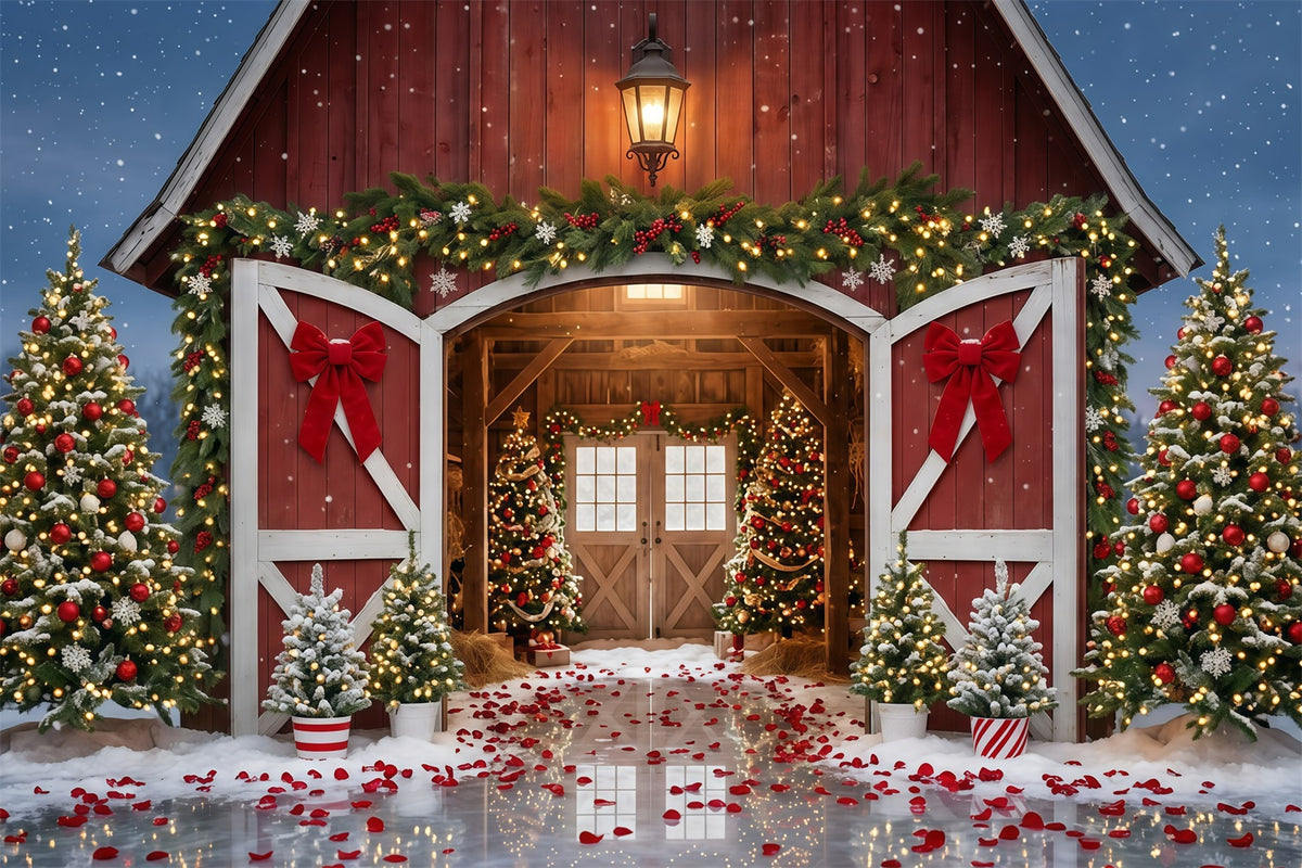 Christmas Tree Farm Backdrop Red Barn Festive Entrance Christmas Studio Backdrops GQ610-112