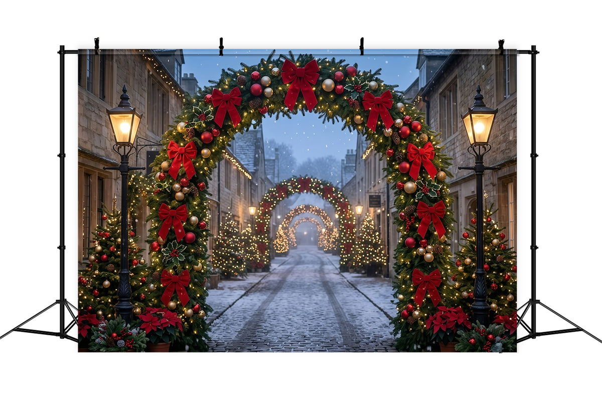Christmas Lights Photo Backdrop Cobblestone Red Bow Archway Christmas Photo Wall Backdrop GQ610-115
