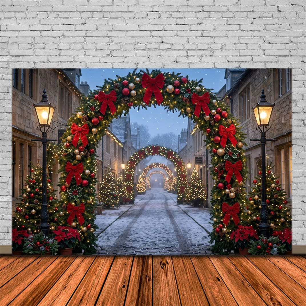 Christmas Lights Photo Backdrop Cobblestone Red Bow Archway Christmas Photo Wall Backdrop GQ610-115