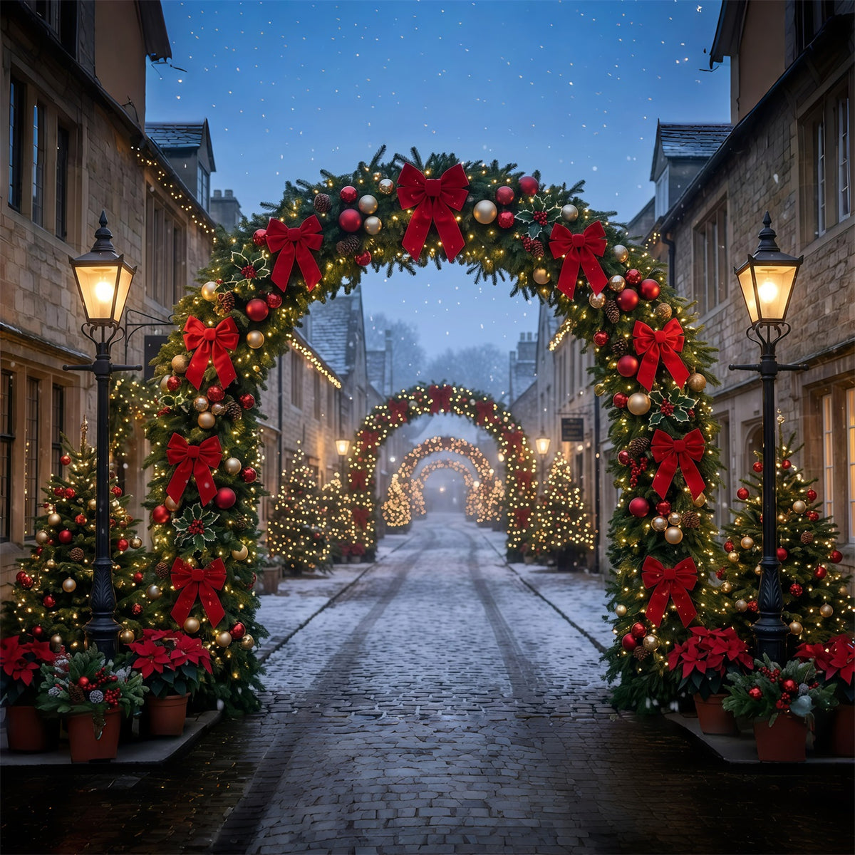 Christmas Lights Photo Backdrop Cobblestone Red Bow Archway Christmas Photo Wall Backdrop GQ610-115