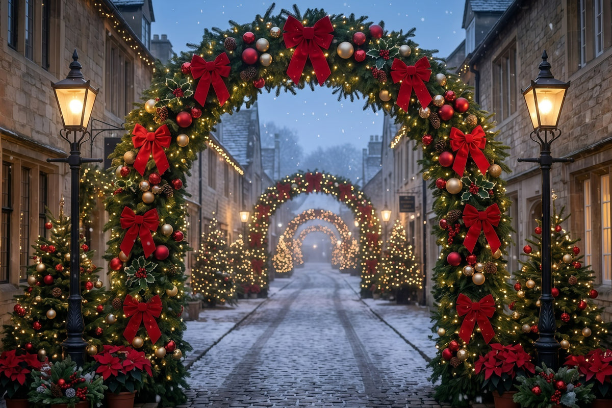Christmas Lights Photo Backdrop Cobblestone Red Bow Archway Christmas Photo Wall Backdrop GQ610-115