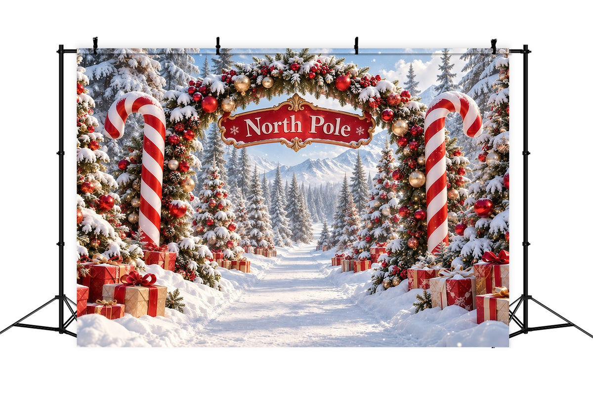 North Pole Photo Backdrop Candy Cane Ornament Archway Christmas Winter Backdrop GQ610-122