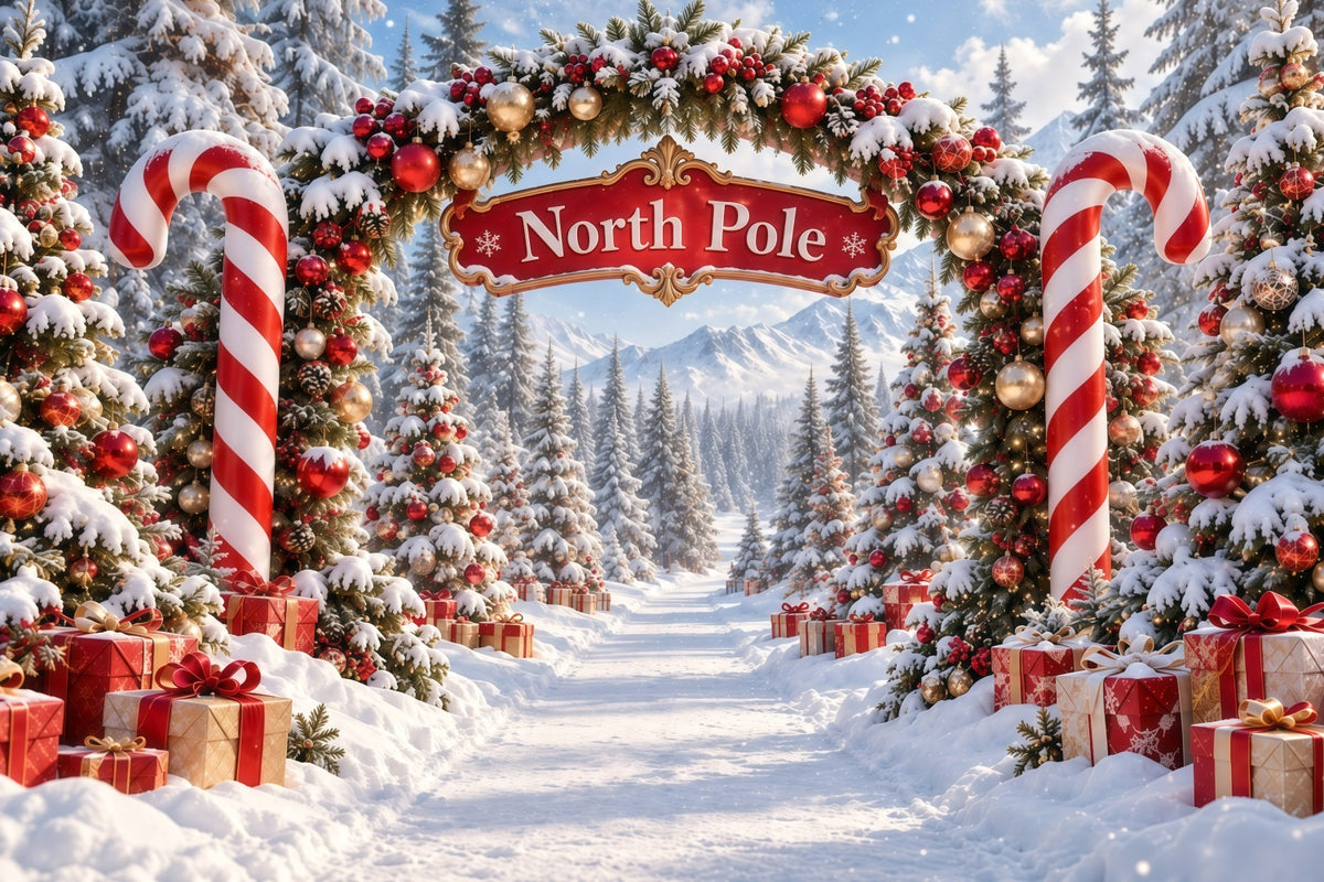 North Pole Photo Backdrop Candy Cane Ornament Archway Christmas Winter Backdrop GQ610-122