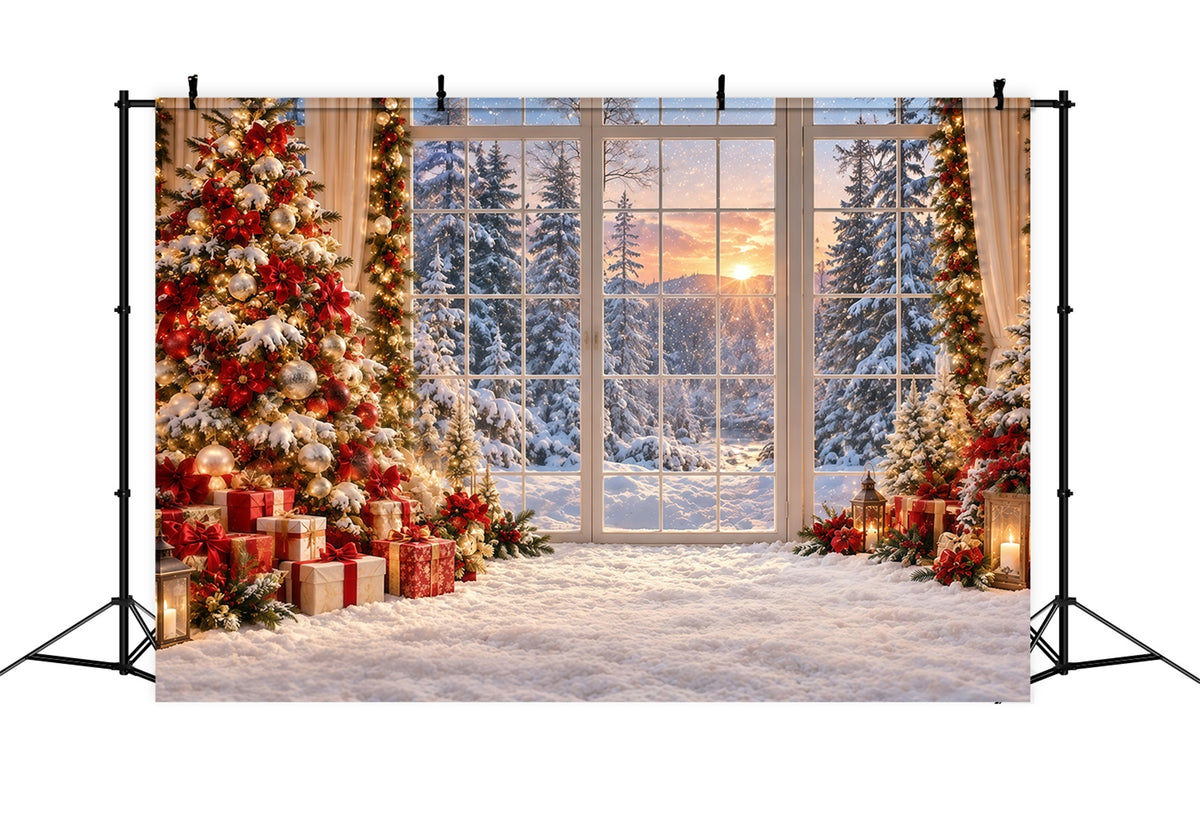 Christmas Forest Backdrop Golden Sunset Snowy Window Christmas Backdrop for Photo GQ610-123