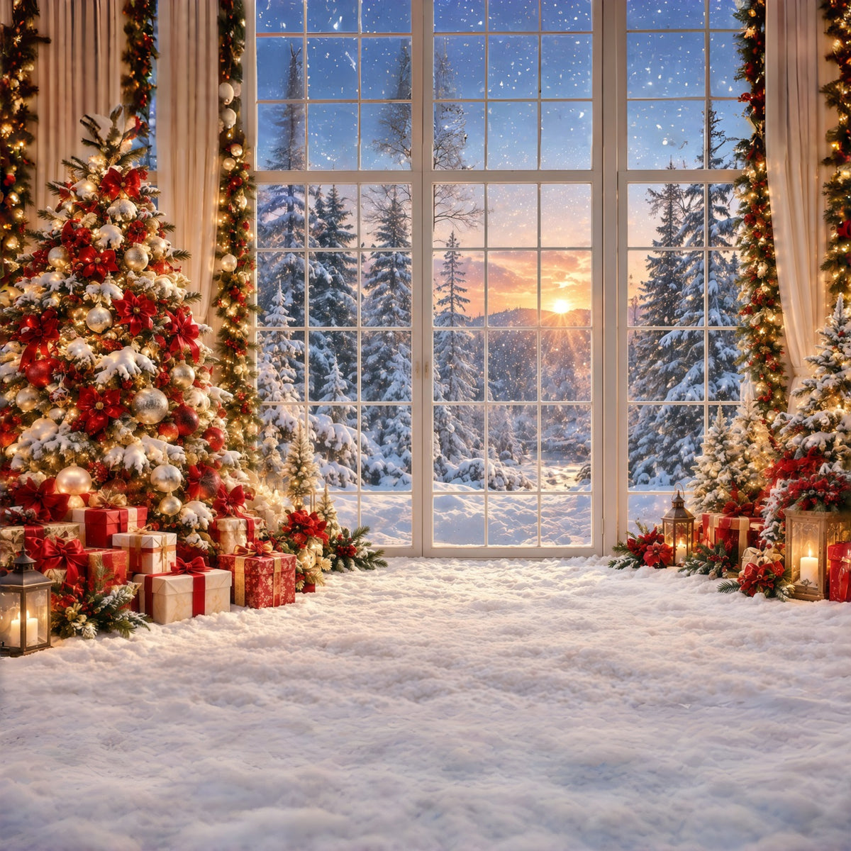 Christmas Forest Backdrop Golden Sunset Snowy Window Christmas Backdrop for Photo GQ610-123