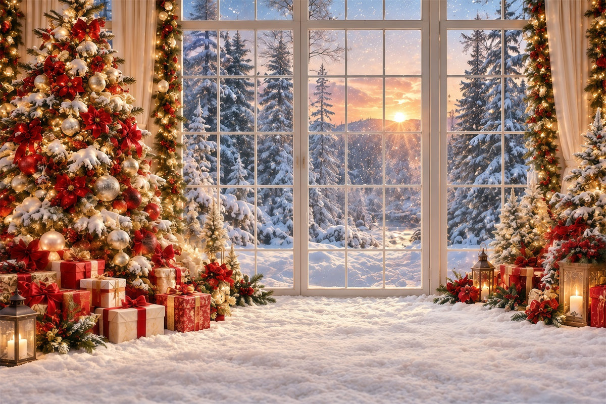 Christmas Forest Backdrop Golden Sunset Snowy Window Christmas Backdrop for Photo GQ610-123