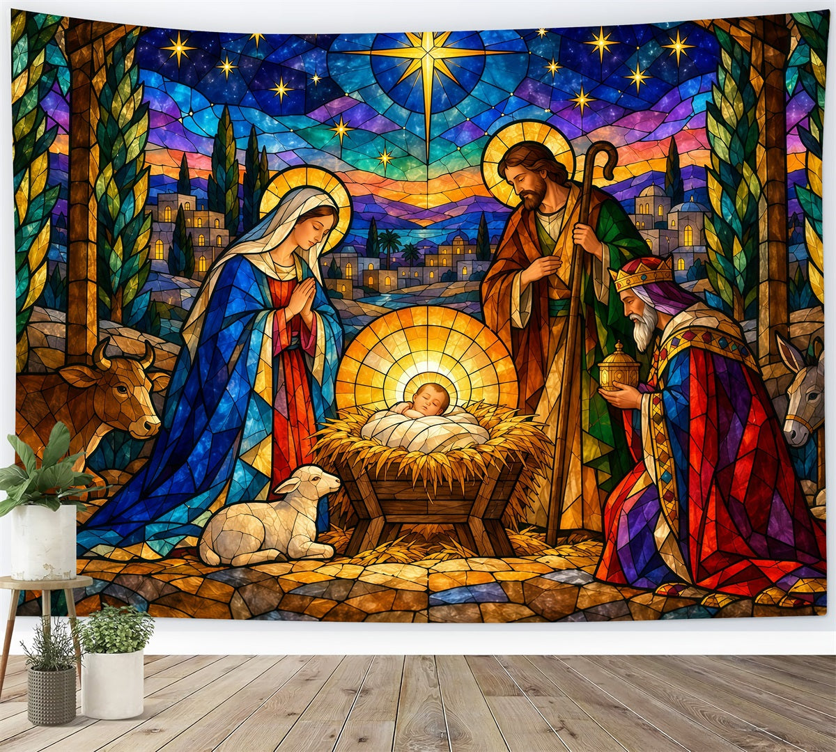 Nativity Scene Backdrop Colorful Stained Glass Star Christmas Backdrop Sale GQ610-127