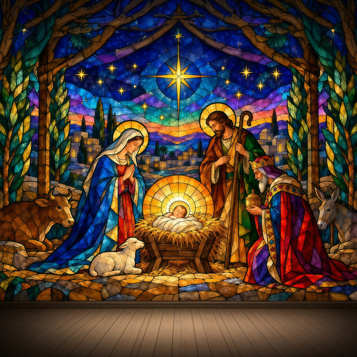 Nativity Scene Backdrop Colorful Stained Glass Star Christmas Backdrop Sale GQ610-127