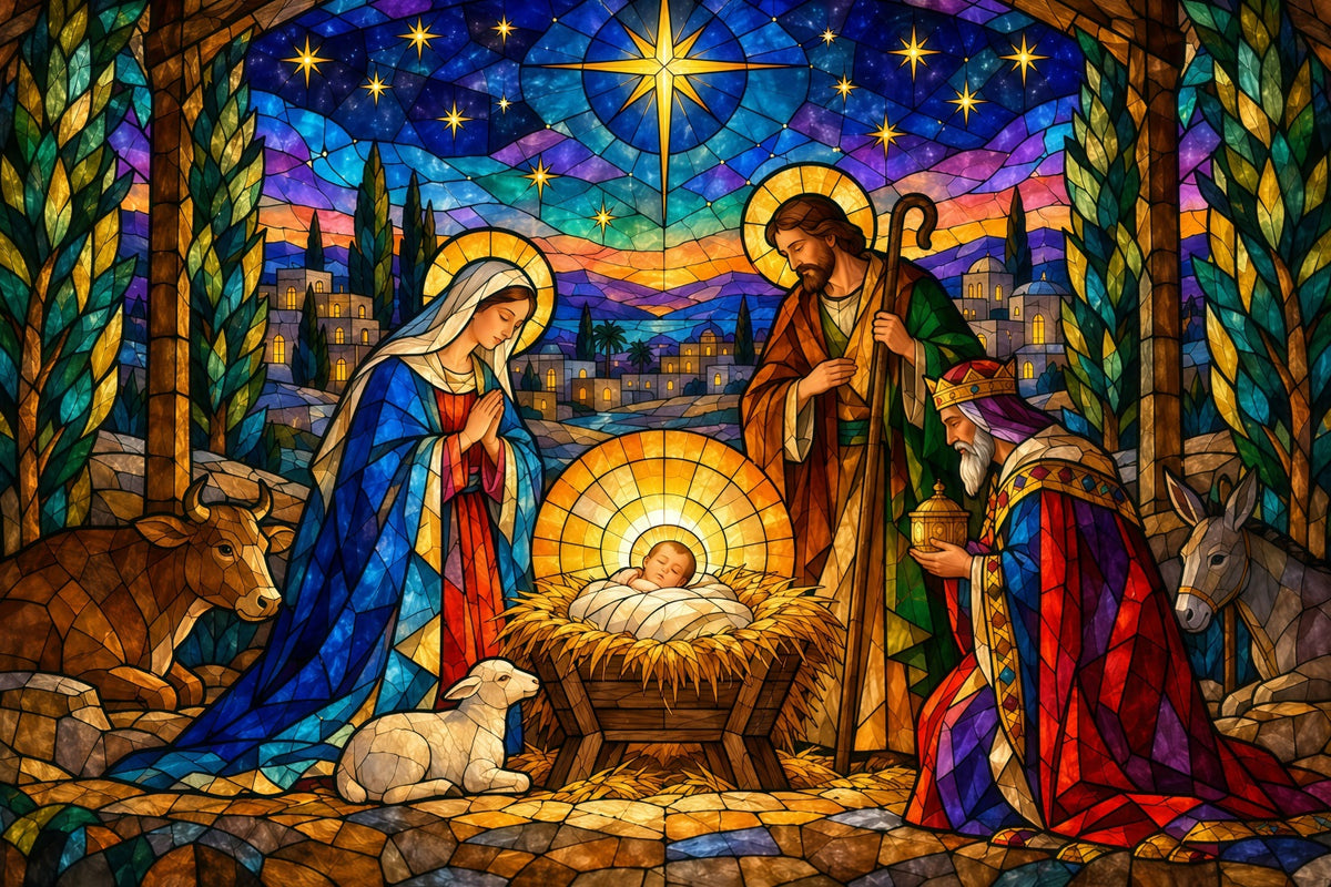 Nativity Scene Backdrop Colorful Stained Glass Star Christmas Backdrop Sale GQ610-127