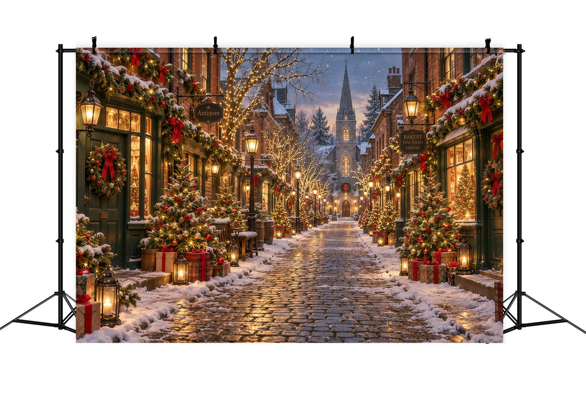 Christmas Village Backdrops Festive Snowy Cobblestone Street Backdrops for Christmas Photos GQ610-129
