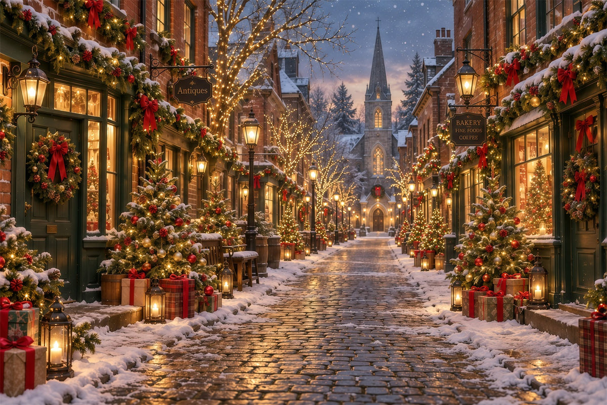 Christmas Village Backdrops Festive Snowy Cobblestone Street Backdrops for Christmas Photos GQ610-129