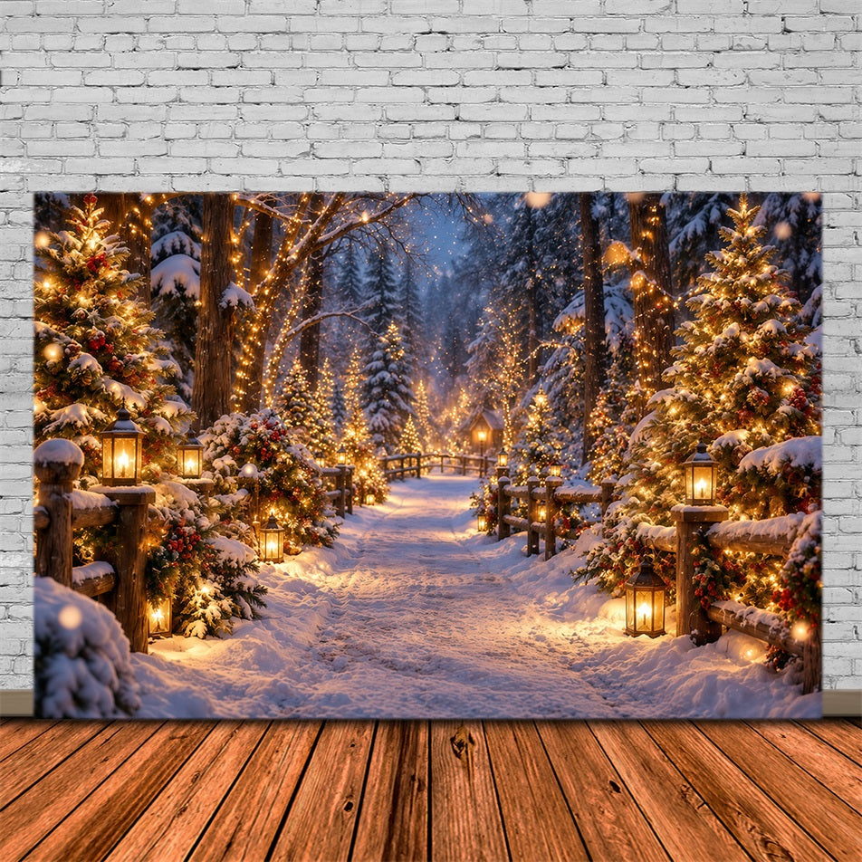 Christmas Tree Farm Photo Backdrop Glowing Lantern Snowy Forest Photography Backdrop Christmas GQ610-130