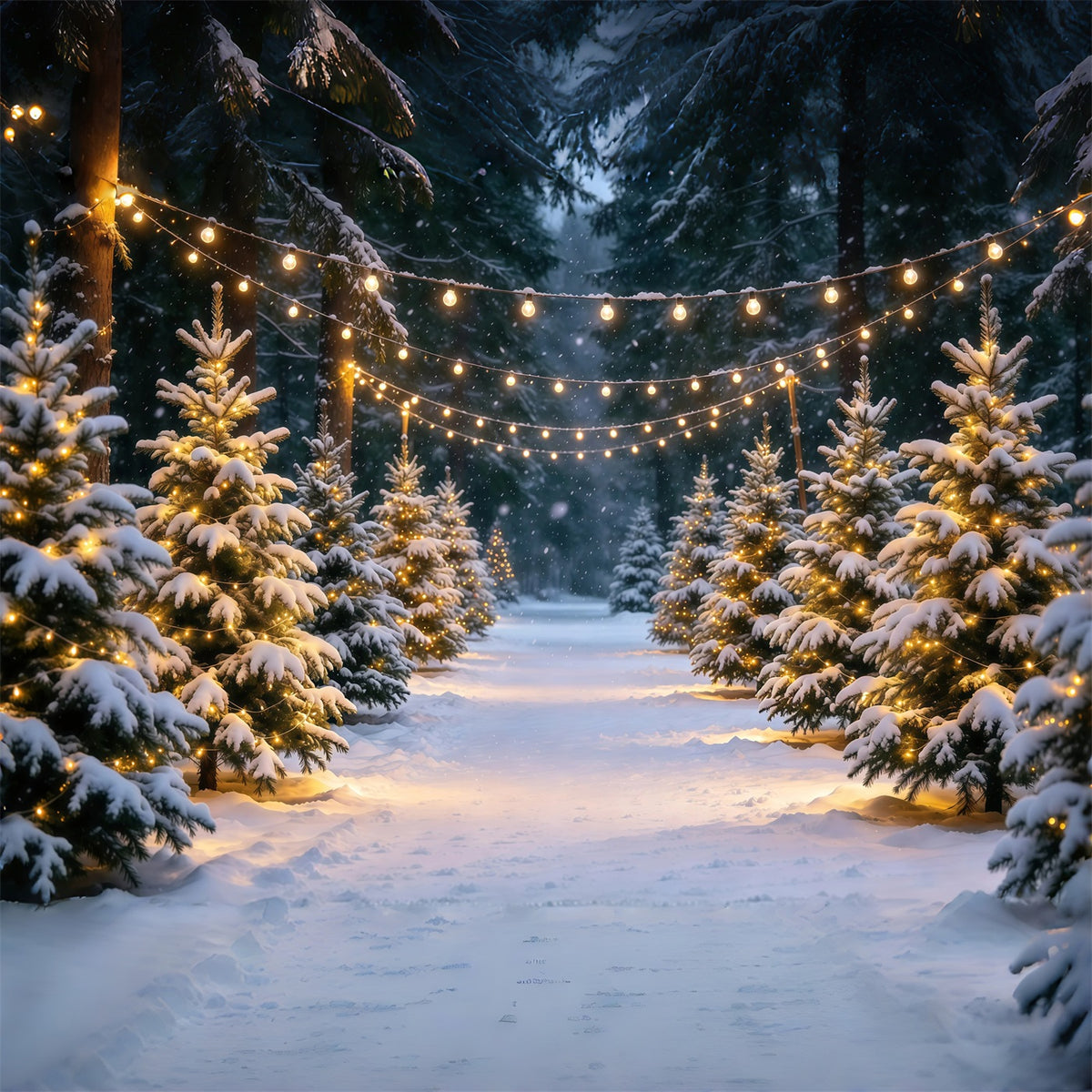 Christmas Tree Farm Backdrop Snowy Pine Stringlight Path Christmas Tree Backdrops GQ610-16