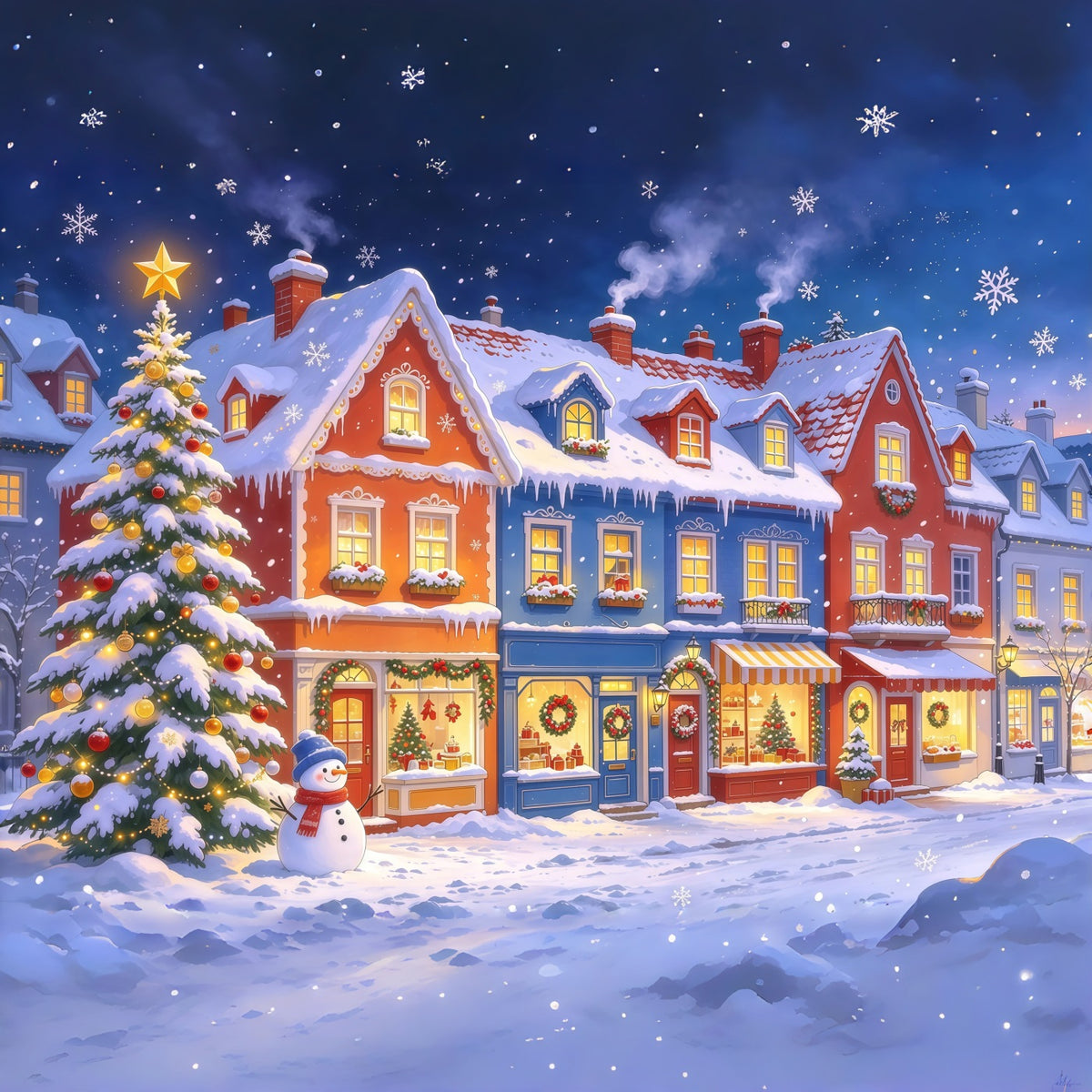 Christmas Town Backdrops Snowy Colorful Village Shopfront Christmas Picture Backdrop GQ610-17