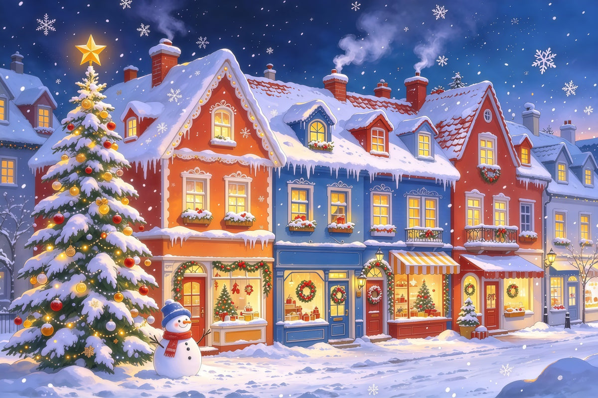 Christmas Town Backdrops Snowy Colorful Village Shopfront Christmas Picture Backdrop GQ610-17