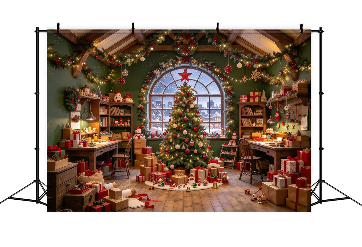 Santa Backdrop Cozy Toy Workshop Interior Christmas Backdrop GQ610-2
