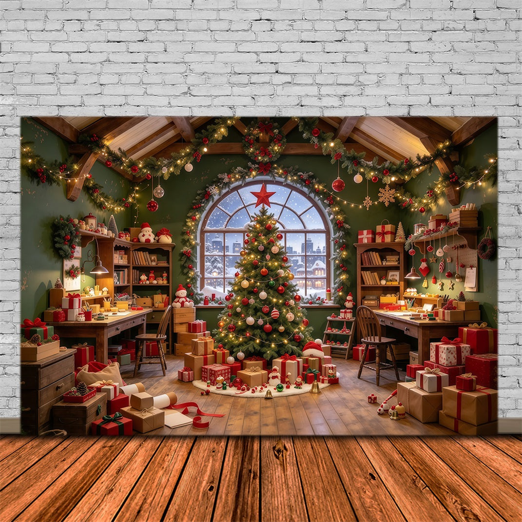 Santa Backdrop Cozy Toy Workshop Interior Christmas Backdrop GQ610-2