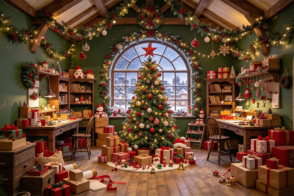Santa Backdrop Cozy Toy Workshop Interior Christmas Backdrop GQ610-2