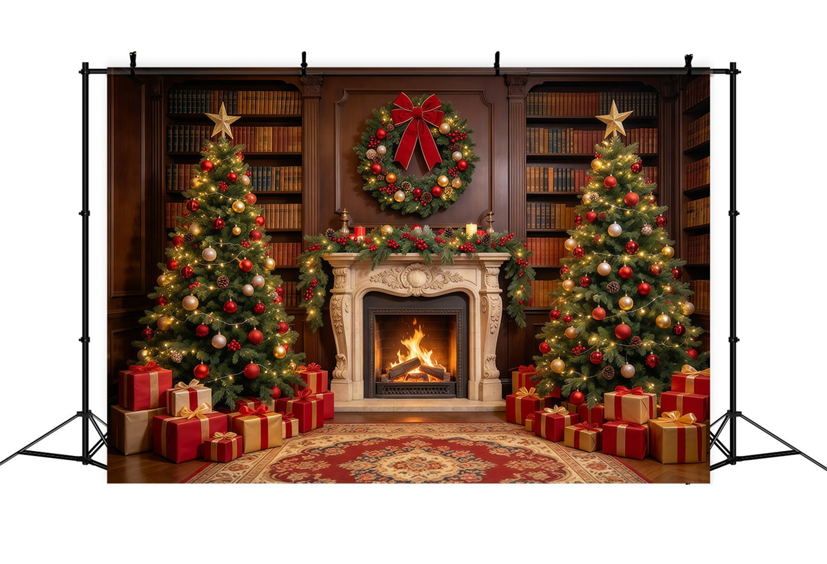 Christmas Backdrops for Photography Ornate Library Display Christmas Fireplace Backdrop GQ610-21