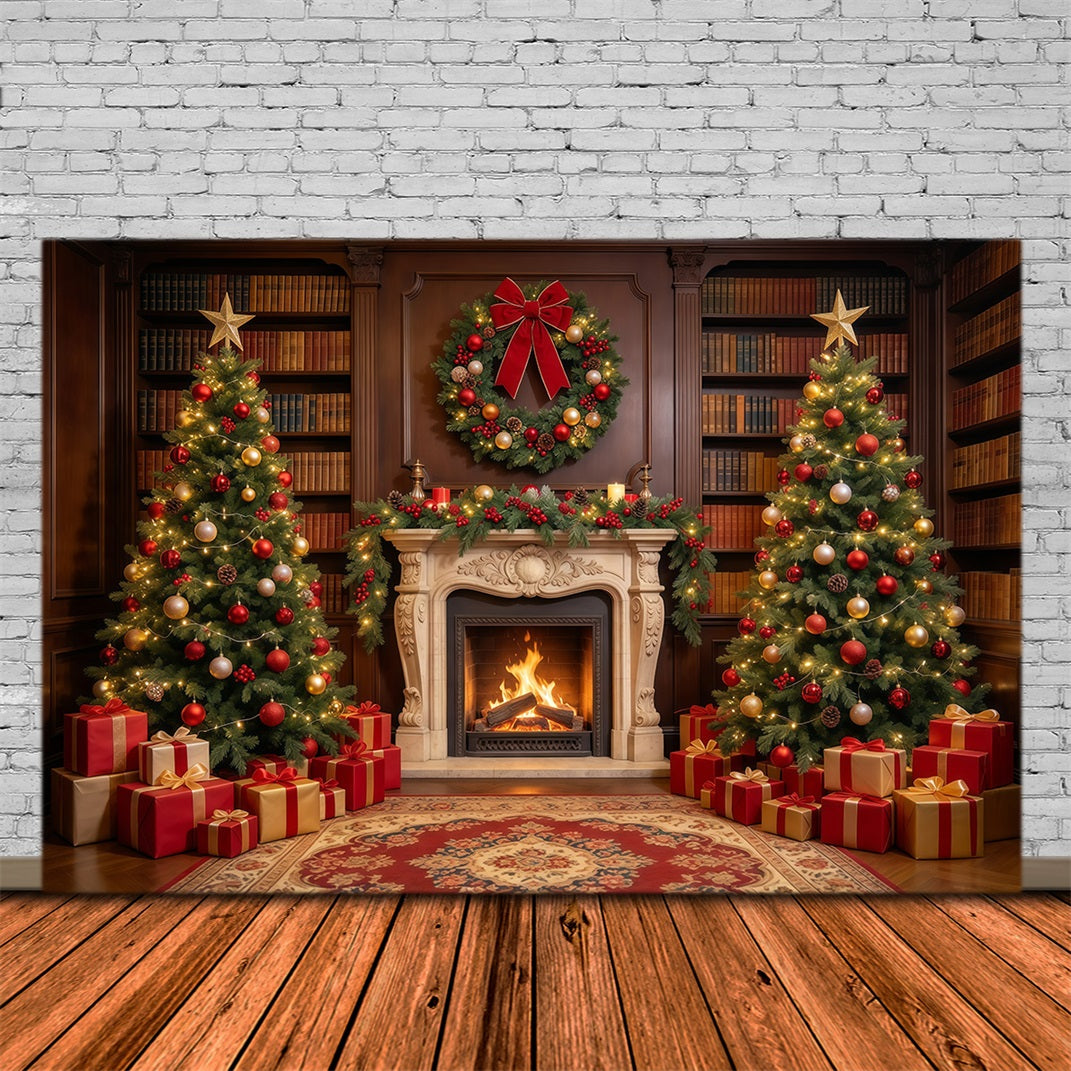 Christmas Backdrops for Photography Ornate Library Display Christmas Fireplace Backdrop GQ610-21