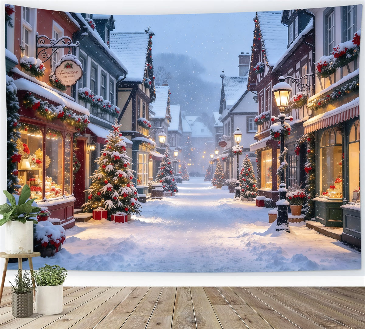 Christmas Village Backdrops Winter Snowy European Street Christmas Street Backdrop GQ610-23