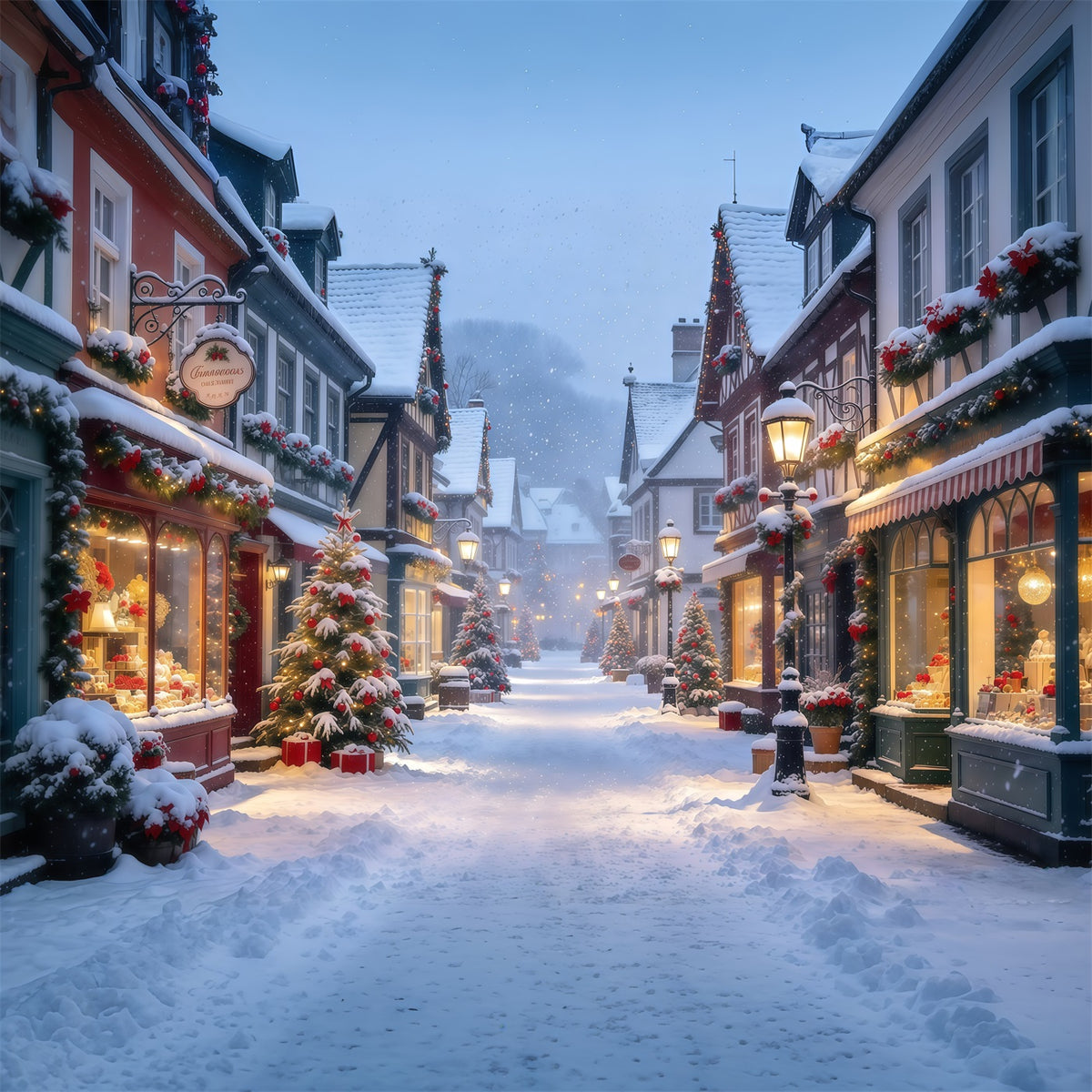 Christmas Village Backdrops Winter Snowy European Street Christmas Street Backdrop GQ610-23
