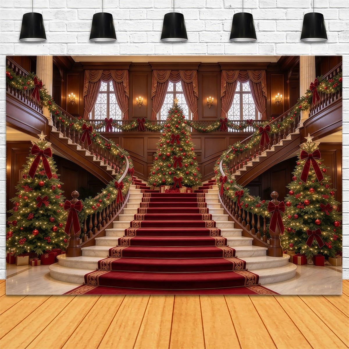 Living Room Christmas Backdrop Marble Staircase Evergreen Elegance Christmas Wall Backdrop GQ610-28