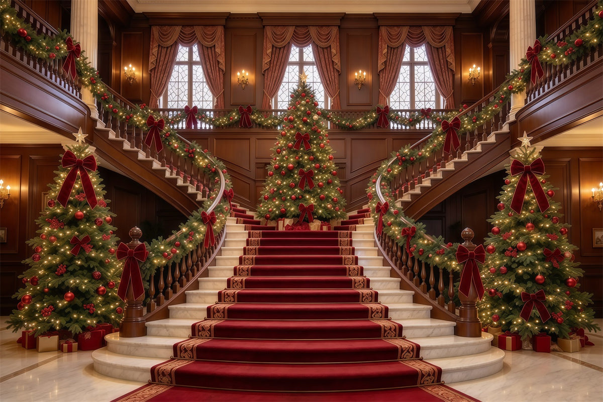 Living Room Christmas Backdrop Marble Staircase Evergreen Elegance Christmas Wall Backdrop GQ610-28