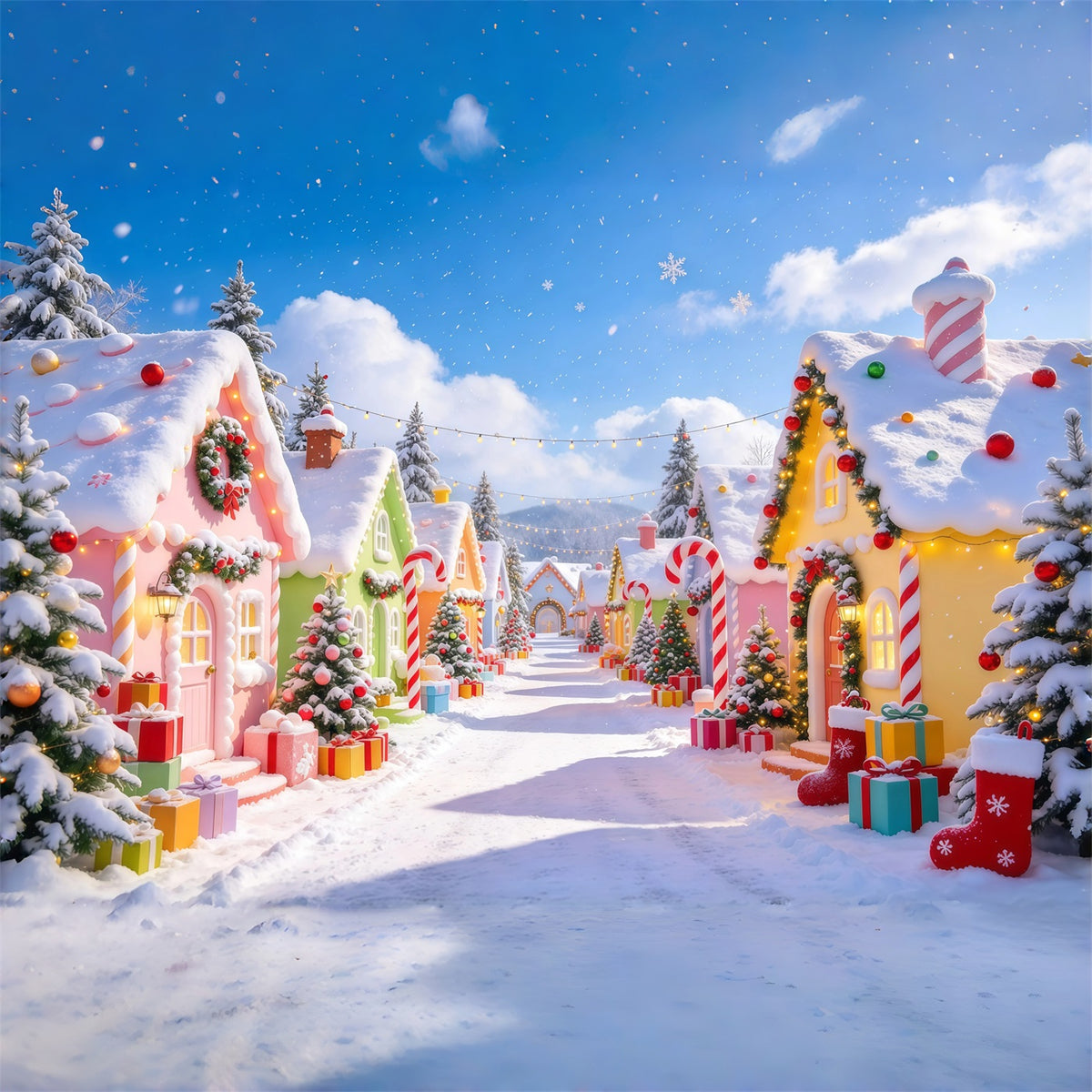 Christmas Village Backdrops Pastel Candy Cottage Snow Christmas Photo Backdrop GQ610-31