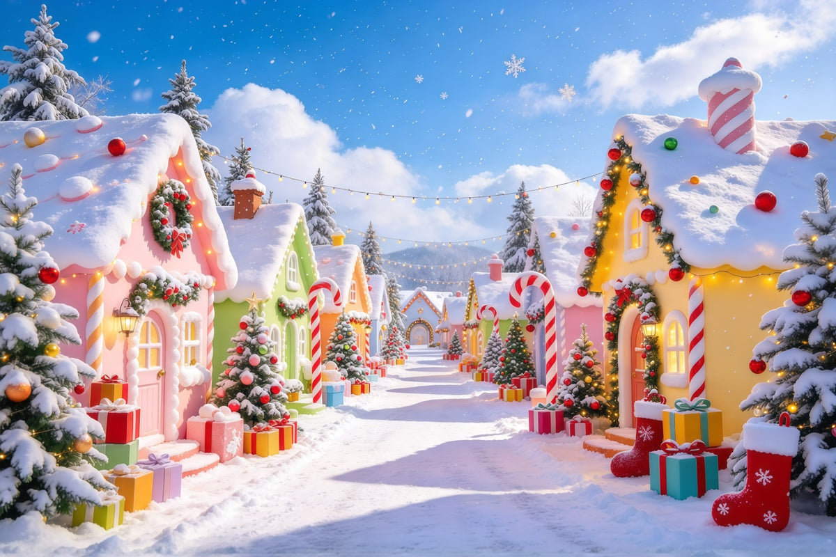 Christmas Village Backdrops Pastel Candy Cottage Snow Christmas Photo Backdrop GQ610-31