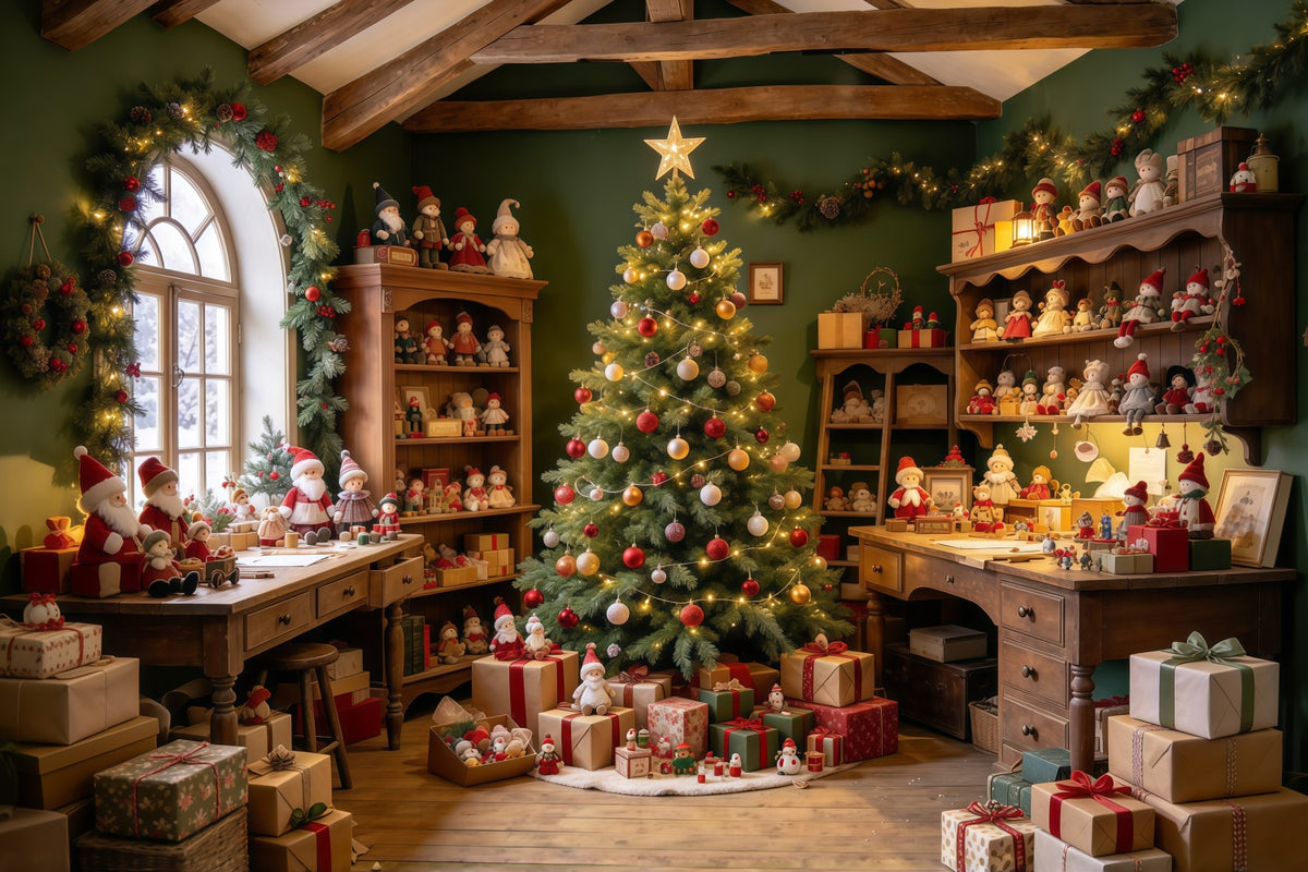 Santa Backdrop Rustic Toy Workshop Display Christmas Backdrop GQ610-32