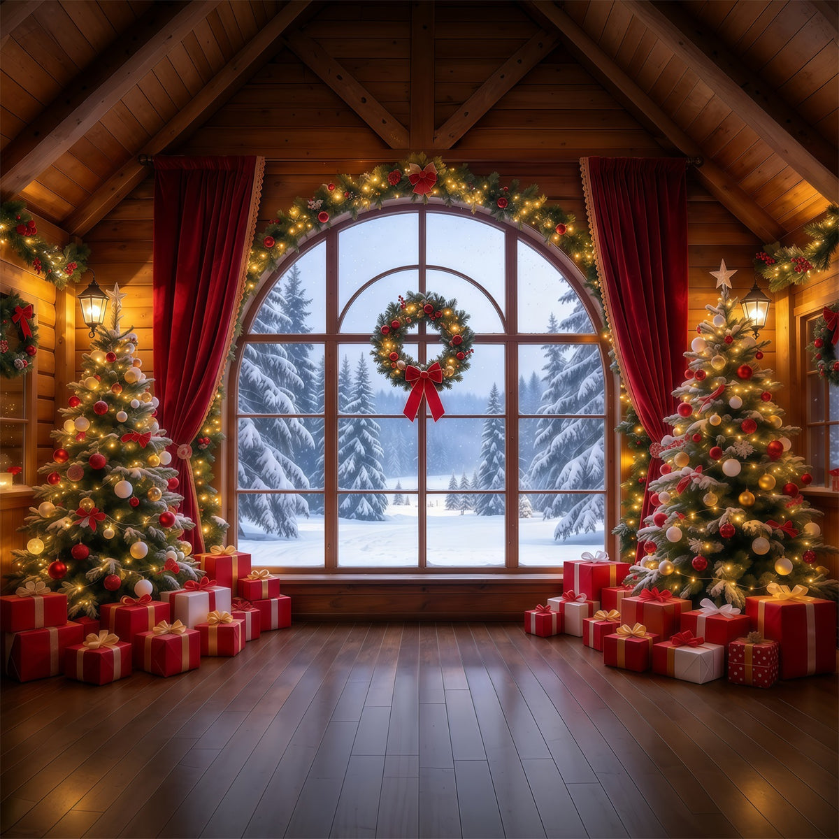 Christmas Backdrops Crimson Curtain Winter Window Christmas Backdrop for Photos GQ610-35