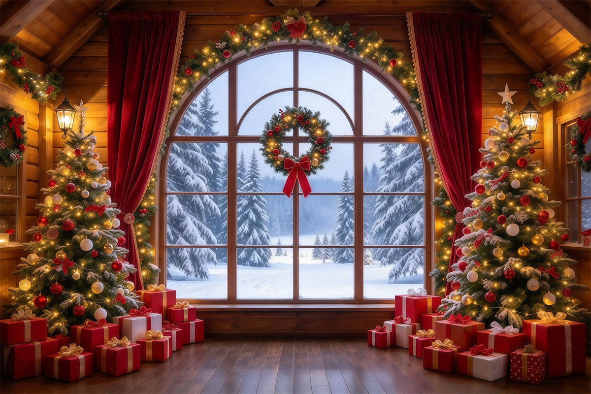 Christmas Backdrops Crimson Curtain Winter Window Christmas Backdrop for Photos GQ610-35
