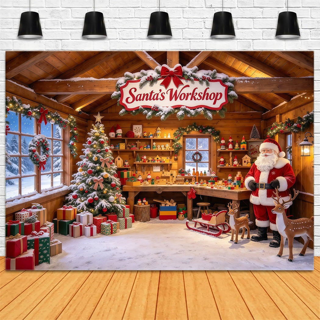Santa Workshop Backdrop Rustic Toymaking Cabin Interior Christmas Backdrops for Photography GQ610-39