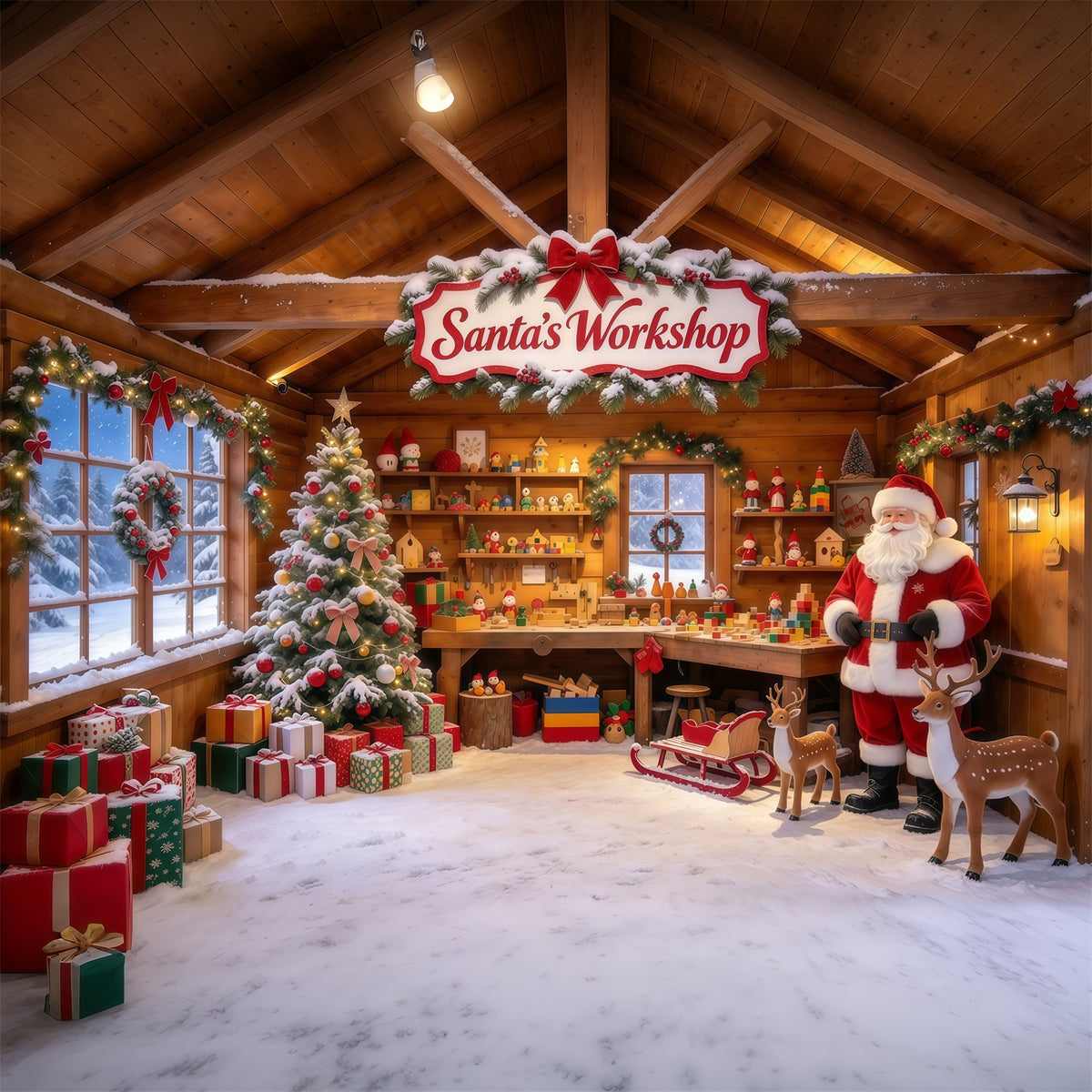 Santa Workshop Backdrop Rustic Toymaking Cabin Interior Christmas Backdrops for Photography GQ610-39